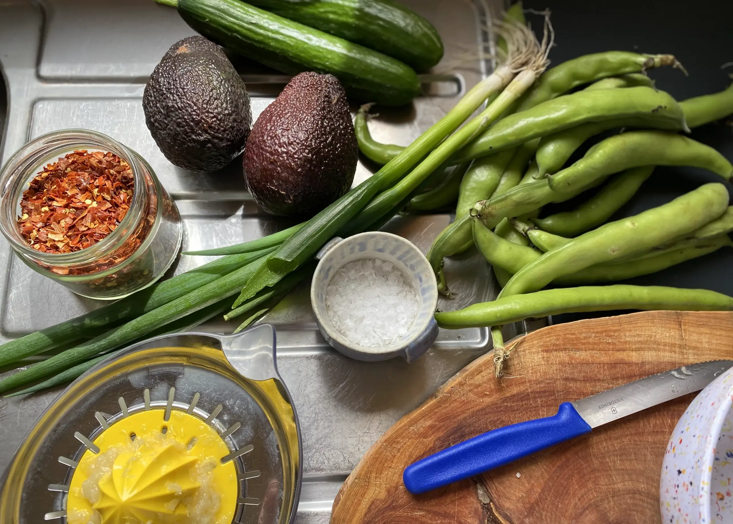 Avocado, cucumber and broad bean salad