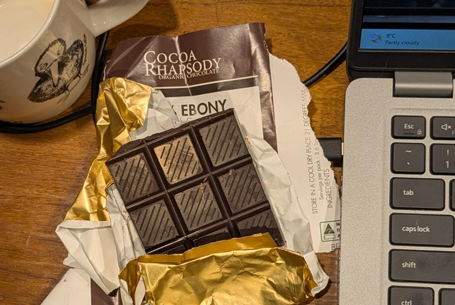 Ebony Cocoa Rhapsody bar at Chris desk - CERES Fair Food